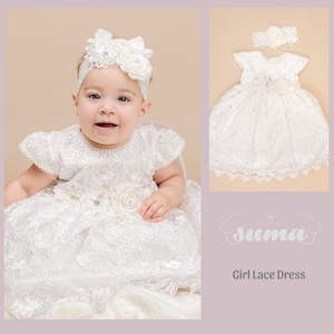 FINAL SALE Baby Girl white  lace Dress with head band, Baptism , Christening, Wedding, Free Personalization
