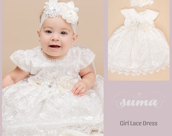 FINAL SALEChristening Baby Girl white  lace Dress with head band, Baptism , Christening, Wedding, Free Personalization