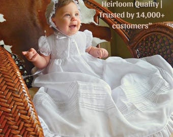 Hand-Smocked Baby Christening Gown with Bonnet – Ivory Cotton Heirloom
