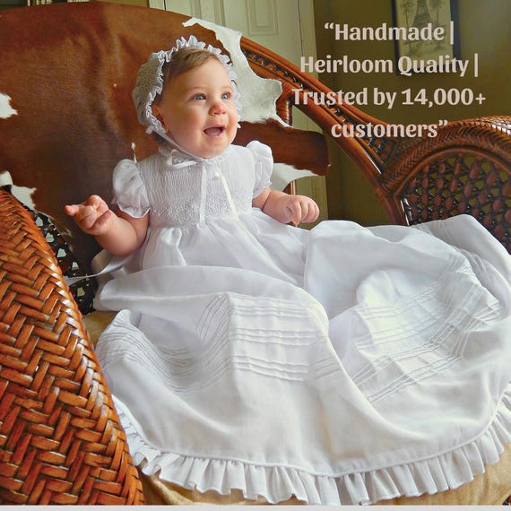 Hand-Smocked Baby Christening Gown with Bonnet – Ivory Cotton Heirloom