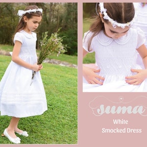 White Cotton Fabric, First Communion Dress,  Hand Made, Smocked Dresses size 6-12