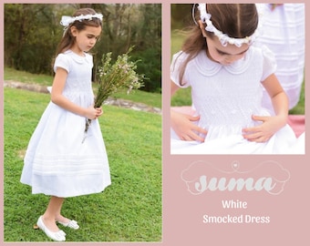 White Cotton Fabric, First Communion Dress,  Hand Made, Smocked Dresses size 6-12