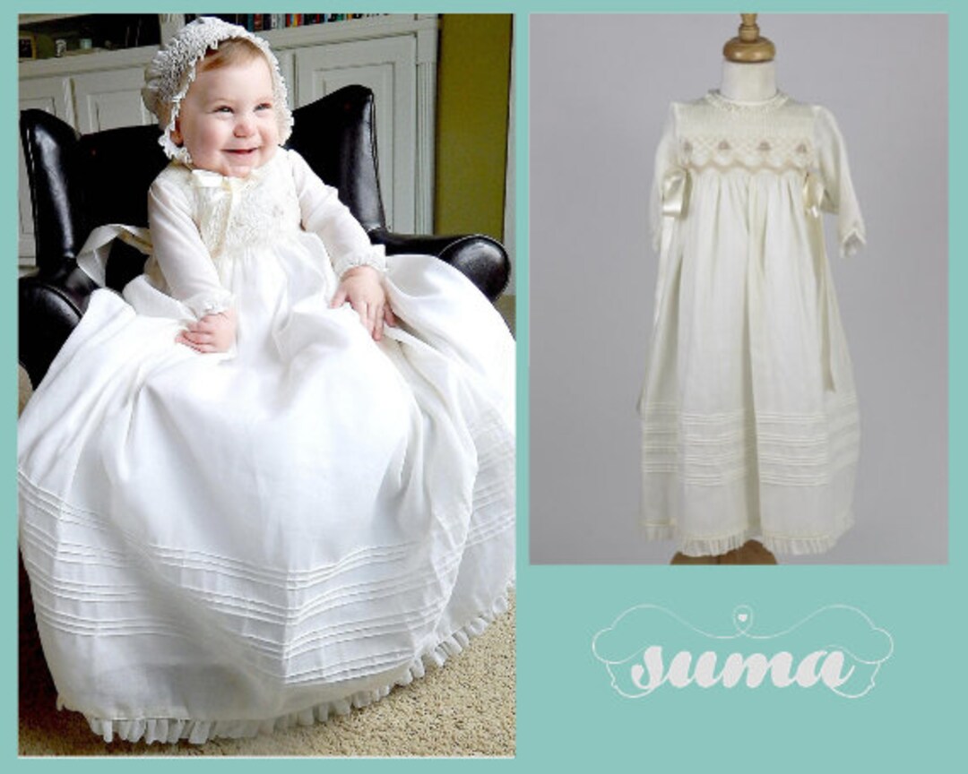 Christening Gown Long Sleeves Baptism Dress Gown White or Ivory With