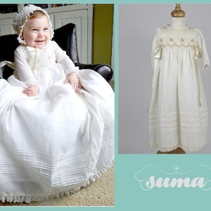 Christening Gown Long Sleeves  Baptism Dress Gown White or  Ivory with  Bonnet Free Personalization