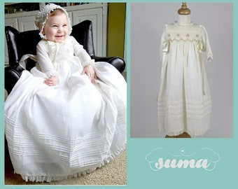 Christening Gown Long Sleeves  Baptism Dress Gown White or  Ivory with  Bonnet Free Personalization