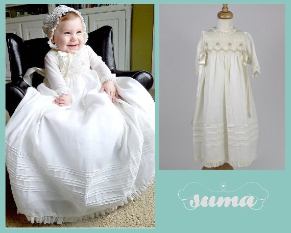 Christening Gown Long Sleeves  Baptism Dress Gown White or  Ivory with  Bonnet Free Personalization
