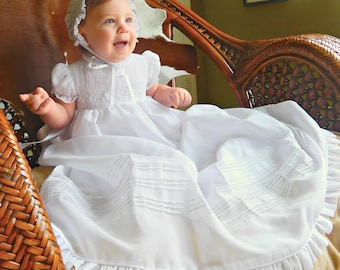 Handmade Christening Gown, Girls Baptism Dress with Bonnet, free Personalized