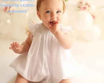 Baby Girls Smocked Bubble Romper White | 100% Cotton Heirloom Baby Outfit | Coming Home, Hospital Outfit, Cake Smash | Handmade