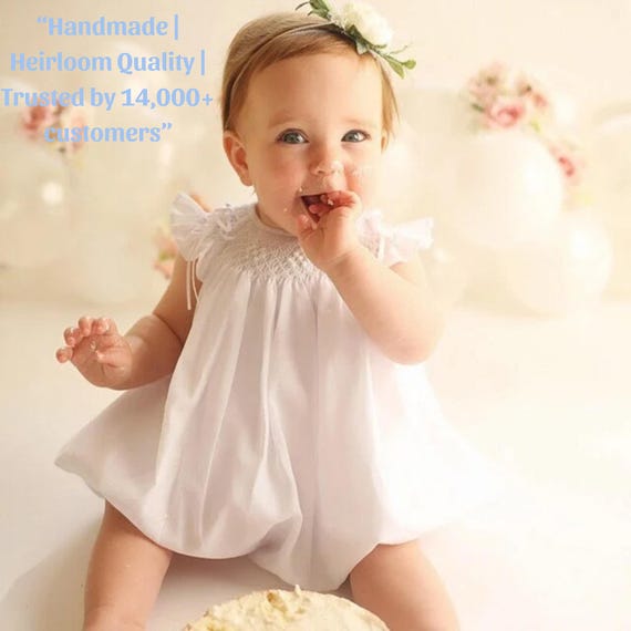 Baby Girls Smocked Bubble Romper White | 100% Cotton Heirloom Baby Outfit | Coming Home, Hospital Outfit, Cake Smash | Handmade