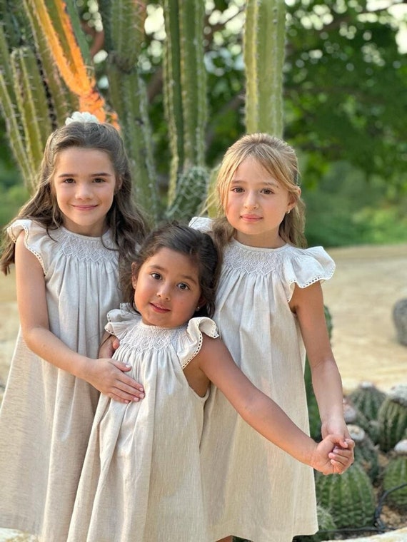 Rustic Bishop dress  Matching Sister Dresses Cotton Fabric, Smocked Dresses, Natural  Ivory,, country flower girl dress, rustic  HAND MADE