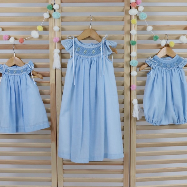 Pastel Blue Matching Sister Dresses, Flower Girl Dresses, Smocked dresses, Bishop Dress, Baby Dresses, Girl Dresses