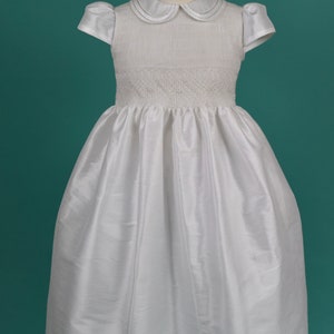 White Shantung Flower Girl Dresses, White Shantung Smocked Dresses add Petticoat and Headpiece image 4