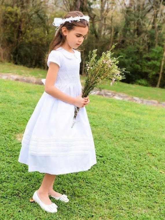 Flower Girl Dress, White Smocked Girl Dresses,  Cotton Fabric  Completely lining, add petticoat and Headpiece