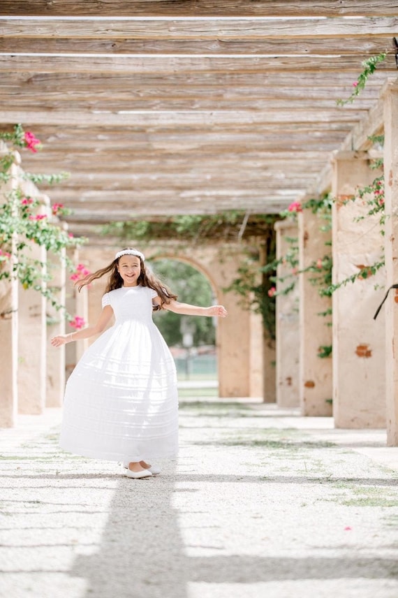 Long First Communion Dress Cotton Fabric, Hand Made,  Smocked Dresses with petticoat included, add  Head Piece and Veil