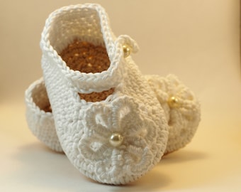 Crochet Baby Shoes, White Cotton Christening Shoes