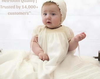 Hand Smocked Ivory Christening Gown and Bonnet, Personalized Baby Blessing Dress