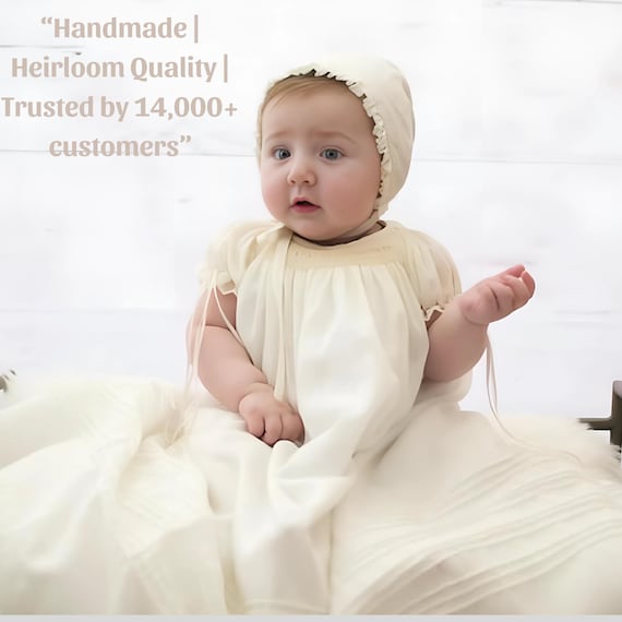 Baby Girl Christening Gown Ivory Hand-Smocked Cotton + Bonnet Newborn-18 mo free personalization