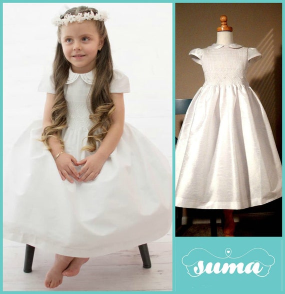 white smocked flower girl dress