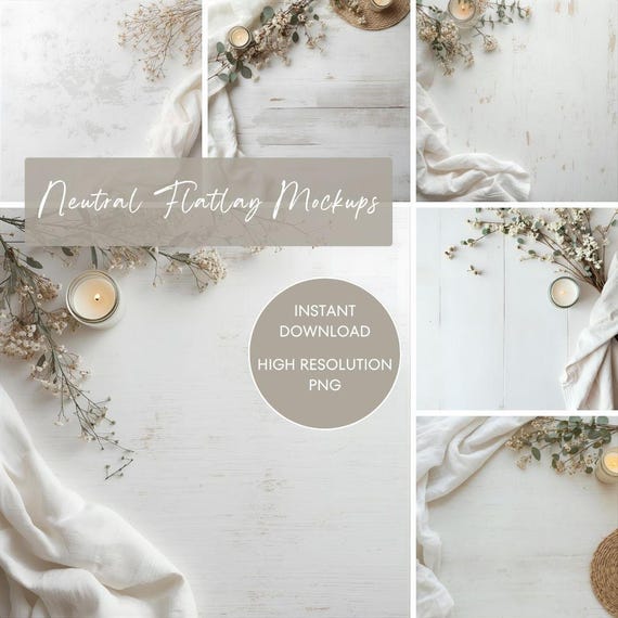 Neutral Mockup Bundle | Minimalist Flat Lay, Bright Clean PNG (Digital Download)