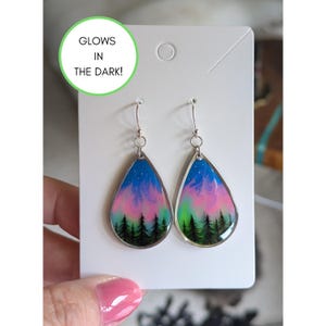 Northern Lights Glow-in-the Dark Teardrop Earrings in Stainless Steel Bezels