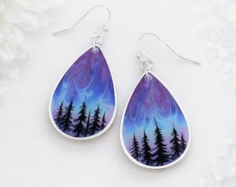 Pendientes de auroras boreales que brillan en la oscuridad: Bosque de resina, plata de ley