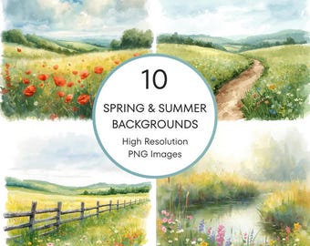 Paquete de imágenes PNG de fondos de acuarela para primavera y verano, escenas de pradera, papelería y decoración infantil (descarga digital).