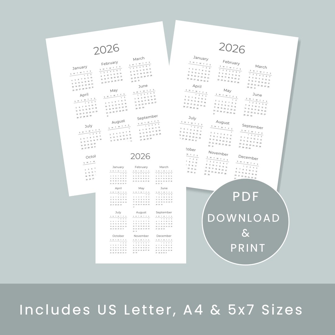 2026 Year at a Glance Calendar | Printable Pdfcalendar | Minimalist ...