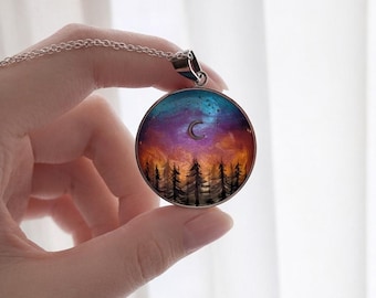 Colgante de resina que brilla en la oscuridad de la aurora boreal: collar con aurora al atardecer pintado a mano
