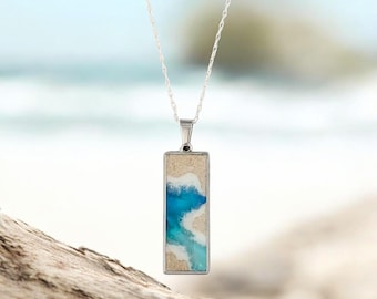 Collar de resina con océano, collar rectangular con colgante de playa y olas, cadena de plata esterlina opcional