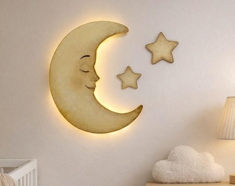 Lámpara de pared infantil con forma de luna / Lámpara de pared de madera / Decoración LED para la habitación del bebé
