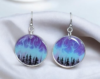 Pendientes de aurora boreal que brillan en la oscuridad: joyería artesanal de resina con ganchos de plata de ley.