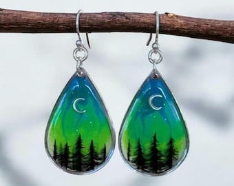 Pendientes de auroras boreales que brillan en la oscuridad: Bosque de resina, plata de ley