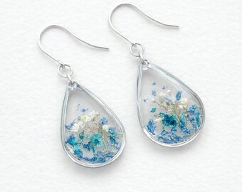Handcrafted Resin Earrings With Genuine Dried Blue Flowers and Stainless Steel Hooks