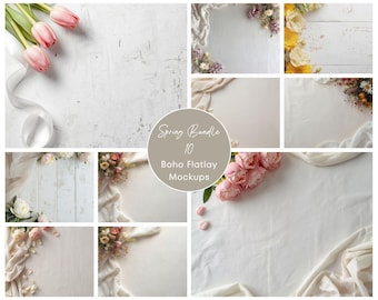 Maqueta de diseño plano con diseño floral de primavera • Exhibición de producto en tonos neutros y brillantes (descarga digital)