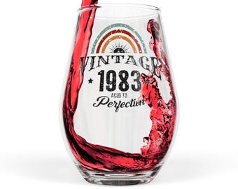 1983 Gift for someone born in 1983 ~ Stemless Wine Glass, 11.75oz - Vintage 1983 "Aged to Perfection" - Sun and Rainbow Wine Glass