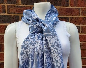 Batik scarf Indonesian-Javanese style with floral and geometric design, soft dark blue spring scarves