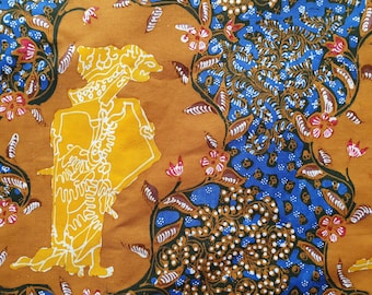 Indonesische batik tulis stof, blauwe Srikandi wayang schaduwpop sarong