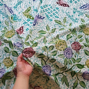 Indonesian batik fabric, hand drawn batik cotton sarong colourful floral and butterflies, bledak batik