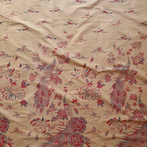 Indonesian batik fabric, Javanese sarong blue and red peacock and floral, Asian fabric art