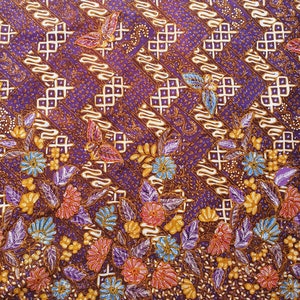 Indonesian batik fabric hand drawn, Javanese batik tulis featuring butterflies and flowers with chevron background