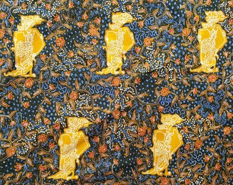 Indonesische batik tulis stof, blauwe Srikandi wayang schaduwpop sarong