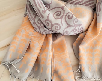 Art silk Asian boho shawl, batik scarf Indonesian-Javanese wayang style with geometric design hand stamped
