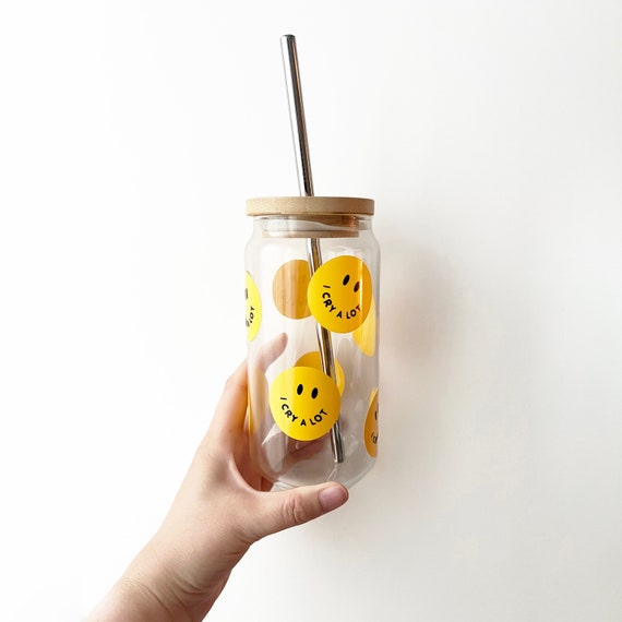 White Smiley Can Glass Cup With Bamboo Lid + Metal Straw