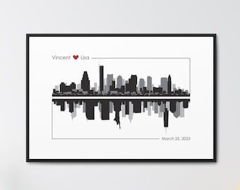Puede incluir: Impresión de ciudad en blanco y negro con un corazón rojo y el texto "Vincent ♥ Lisa - 25 de marzo de 2023".