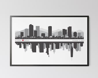 Puede incluir: Una impresión de ciudad en blanco y negro con un corazón rojo y los nombres "Andrew" y "Britton" y la fecha "15 de octubre de 2021".