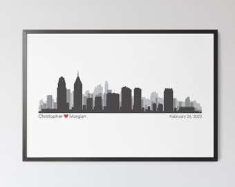 Puede incluir: Una impresión de ciudad en blanco y negro con los nombres "Christopher" y "Morgan" y la fecha "24 de febrero de 2022" impresa debajo del horizonte.