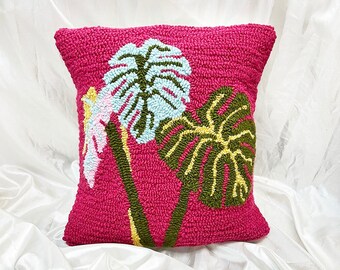 Handmade Tropical Monstera Pillow- Pink