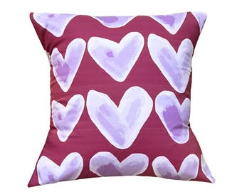 Handmade Decorative Watercolor Hearts Throw Pillow- Cotton Fabric Hearts Print