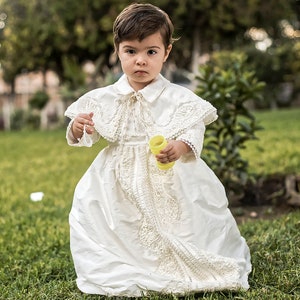 Vintage baptismal gown for boys Model B008 | Detachable skirt and Cape | HandMade | Burbvus Boy Christening outfit White or Ivory