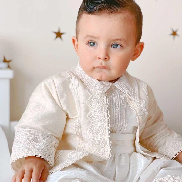 Boys Christening Outfit Burbvus B021 | 100% SILK | Handmade Baptism Gown White or Beige | Matching Hat, Hanger and Garment Bag Included